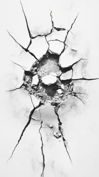 A black and white photo of a wall with a large hole in it. The hole is surrounded by rubble and debris