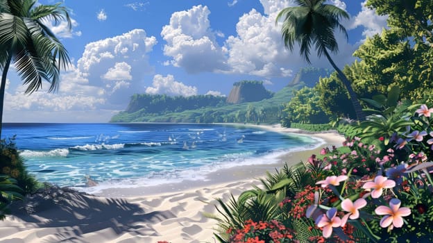 Artistic rendering of a tropical beach with palm trees and flowers