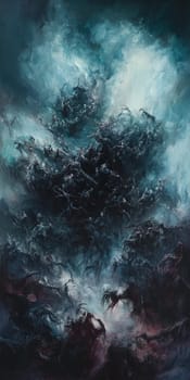 A captivating abstract fantasy artwork featuring ethereal figures swirling in a dark, mystical cloudscape with vibrant colors.