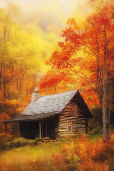 A small log cabin with a chimney sits in a field of autumn leaves. The cabin is surrounded by trees and the leaves are falling from them