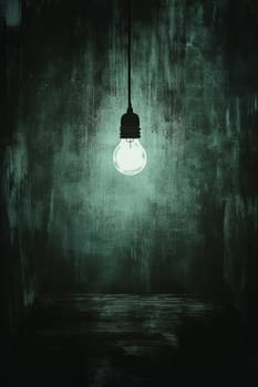 A single light bulb hangs in a dark, textured room, casting an eerie glow and creating a mysterious atmosphere.