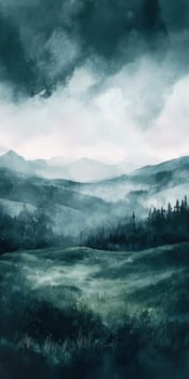 A painting of a mountain range with a cloudy sky. The mountains are green and the sky is dark. The mood of the painting is peaceful and serene