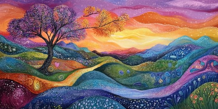 A vivid abstract painting featuring colorful trees and rolling hills, set against a dynamic, starry sky.