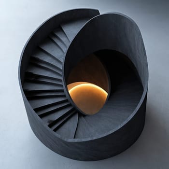 Elegant spiral staircase with a sleek design, showcasing minimalist architecture and ambient lighting.