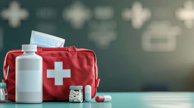 A medical background with first aid kit and emergency medical supplies, indicating emergency preparedness and response