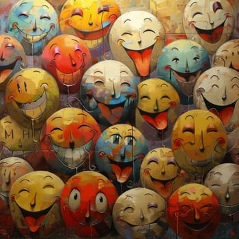 A vibrant abstract painting featuring a variety of smiling faces with diverse expressions, showcasing a playful and colorful artistic style.