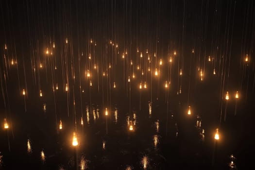 A mesmerizing scene of numerous hanging lights casting reflections on water, creating a magical and atmospheric ambiance.