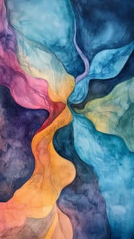 Vibrant abstract watercolor painting featuring flowing organic shapes in a harmonious blend of colors.