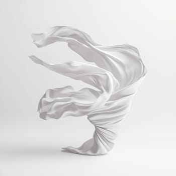 A dynamic image of a white fabric sculpture gracefully flowing, set against a minimalist backdrop, showcasing movement and elegance.
