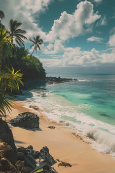 A beautiful beach with palm trees and a rocky shoreline. The sky is cloudy, but the ocean is calm and blue