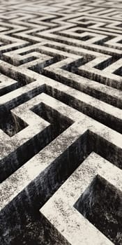 Aerial shot of a complex concrete maze showcasing geometric patterns and textured surfaces in black and white.