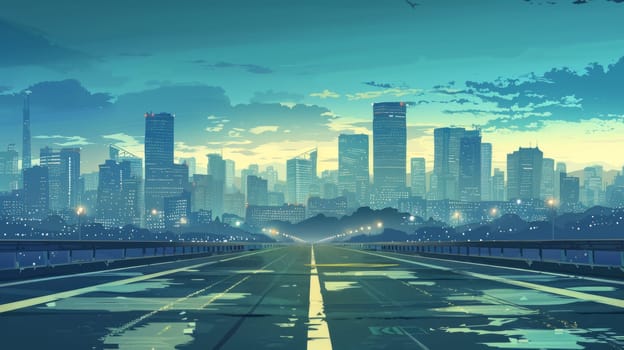 A cityscape with a bridge in the middle of the road. The sky is blue and the city is lit up at night