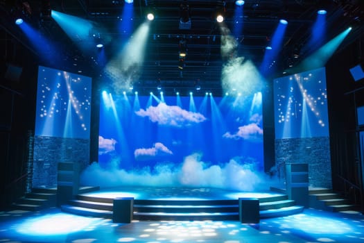 A vibrant stage setup with dynamic lighting, cloud backdrop, and atmospheric effects, perfect for performances, events, and presentations.