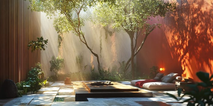 A serene modern bedroom with natural light, indoor garden, and minimalist design, creating a peaceful retreat.