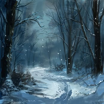 A serene and peaceful snowy forest with a path running through it. The trees are bare and covered in snow, creating a quiet and tranquil atmosphere