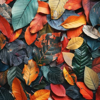 A colorful pile of leaves with a few orange leaves in the middle. The leaves are of different colors and sizes, creating a vibrant and lively scene
