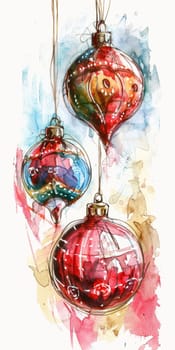 Three red and blue Christmas ornaments hanging from a string. The blue ornament is in the middle and the red ornament is on the right
