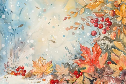 A beautiful painting of a tree with red leaves and berries. The leaves are falling from the tree