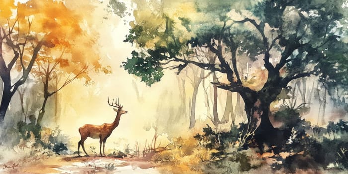 A watercolor painting of a deer in a vibrant forest, with sunlight streaming through the trees, creating a serene and magical atmosphere.
