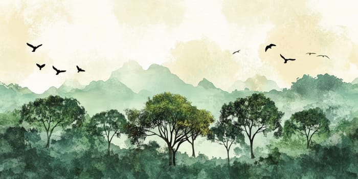 Tranquil watercolor scene featuring green trees, birds, and misty mountains, perfect for nature and art enthusiasts.