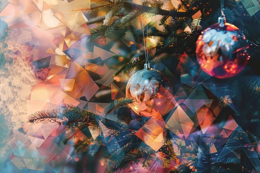 Vibrant Christmas ornaments on a tree with abstract geometric light effects, creating a festive holiday atmosphere.