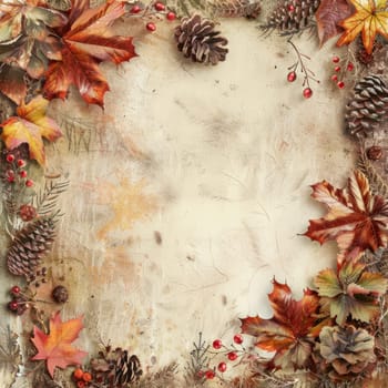 A beautiful autumn scene featuring a white frame with a variety of orange leaves and pine cones. The leaves are scattered throughout the frame, with some larger ones in the center