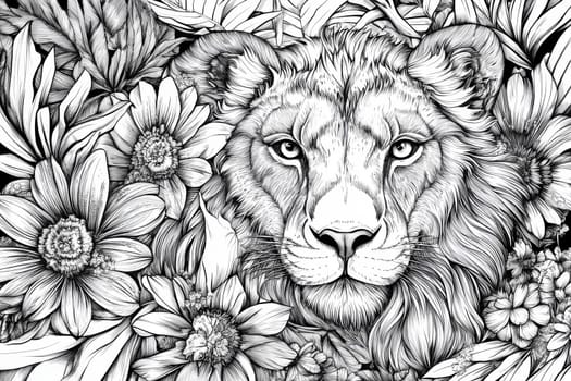 Detailed black and white illustration of a lion surrounded by flowers, highlighting intricate line art and nature's elegance.