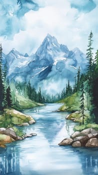 A mountain range with a river running through it. The water is blue and the mountains are white