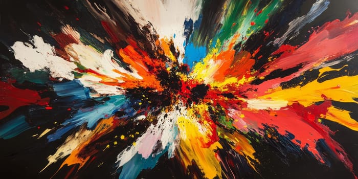Dynamic abstract artwork with vibrant paint splashes creating an energetic explosion of colors on canvas.
