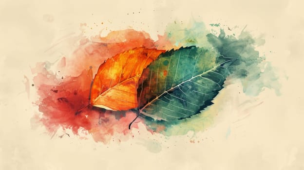 Colorful watercolor leaves on a textured background, highlighting the beauty of autumn and nature in an abstract artistic style.