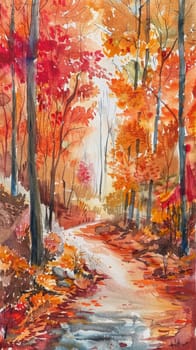 A beautiful watercolor painting depicting a serene forest path surrounded by vibrant autumn foliage in warm hues.