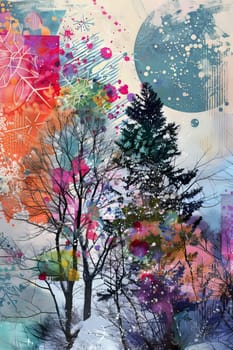 A painting of a tree with a blue sky in the background. The tree is surrounded by a lot of colors
