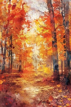 A painting of a forest with trees in autumn colors. The painting is full of vibrant colors and has a warm