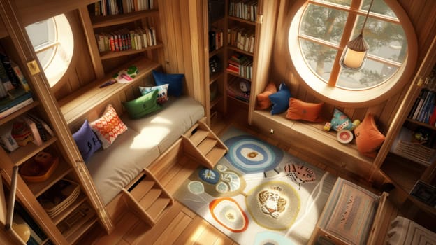 Birds-eye perspective of a children's room with a cozy reading nook.