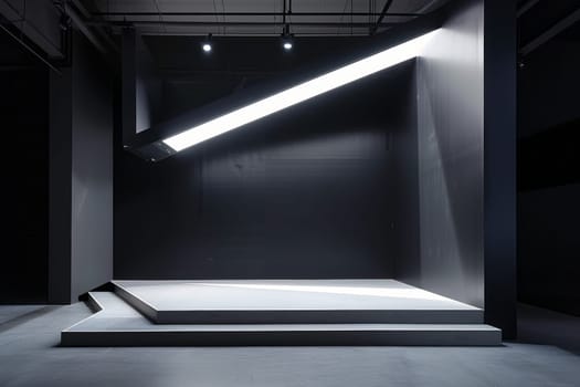 A sleek, modern minimalist interior featuring geometric lighting and dark walls, showcasing contemporary design elements.