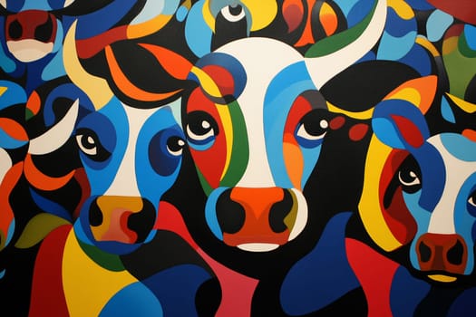 A vivid abstract painting featuring colorful cows, highlighting modern art and creativity with bold colors and dynamic shapes.