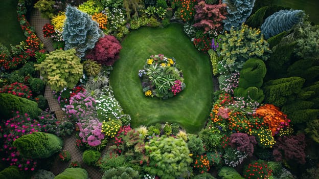 Stunning aerial shot of a beautifully landscaped garden showcasing a variety of colorful flowers and lush greenery.