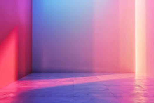 A modern interior space featuring colorful gradient lighting and a reflective floor, creating a vibrant and abstract atmosphere.