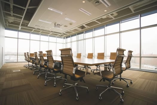 Spacious conference room featuring sleek design, large windows, and executive chairs, ideal for business meetings and corporate events.