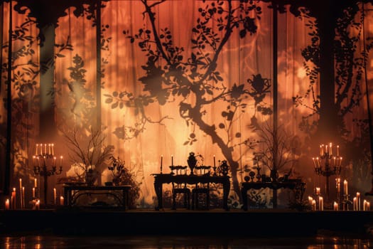 A beautifully arranged candlelit dinner setting with a shadowy forest backdrop, creating a warm and enchanting atmosphere.