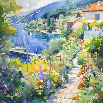 A painting of a house with a path leading to it. The path is lined with flowers and there is a boat in the water