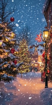 A magical winter street scene with festive lights, snow-covered trees, and falling snowflakes creating a cozy holiday atmosphere.