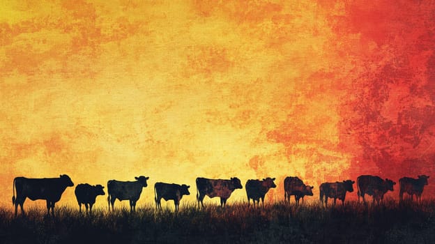 Silhouetted cows stand in a field at sunset, creating a striking contrast against the vivid orange and yellow sky.