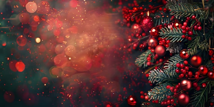 Vibrant Christmas scene featuring red ornaments, pine branches, and festive bokeh lights, perfect for holiday themes and seasonal designs.