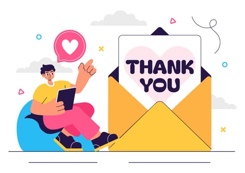 Thank You Vector Illustration Featuring a Letter in an Envelope, Perfect for Posters, Web Banners, Brochures, or Cards in a Flat Style Background
