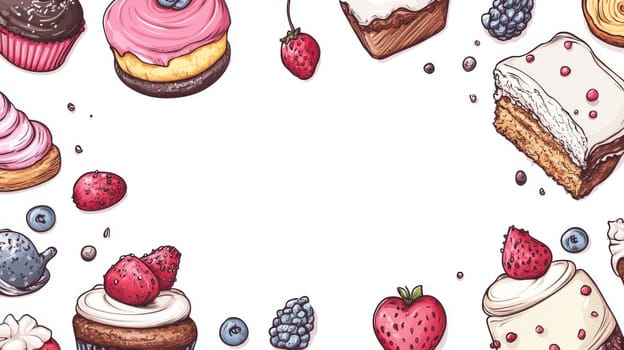 Vibrant cupcakes and fresh berries arranged on a white background, perfect for dessert-themed designs or bakery promotions.