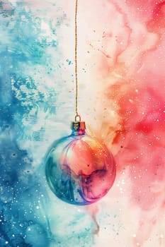 A colorful glass ornament hanging against a vibrant abstract background with red and blue hues, perfect for festive and artistic themes.