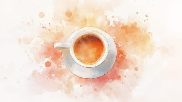 Artistic watercolor illustration of a coffee cup with warm splashes, perfect for creative and modern design projects.