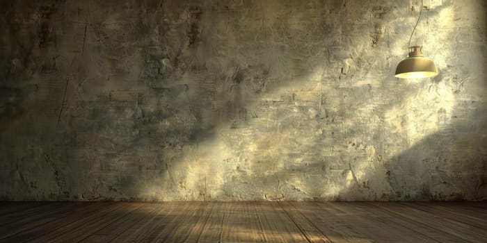 A cozy, rustic interior featuring a textured concrete wall, wooden floor, and a single hanging lamp casting warm light.