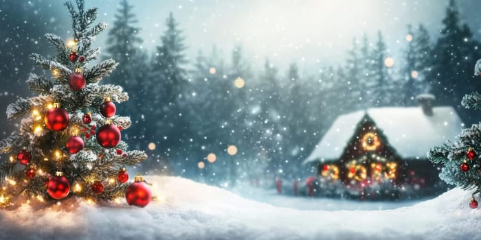 A serene winter landscape featuring a snow-covered forest, a festive Christmas tree, and a warmly lit cabin.